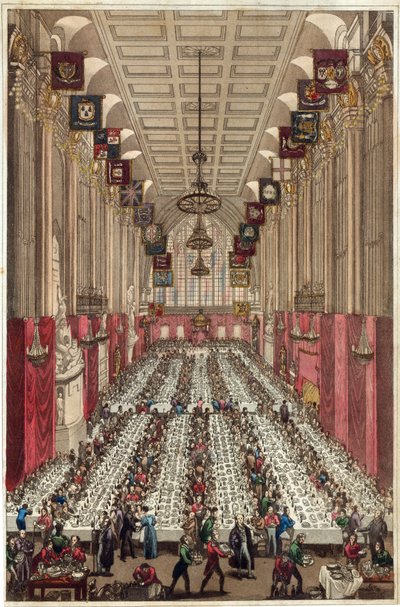 Weergave van het interieur van Guildhall bij gelegenheid van het bezoek van de koning en koningin, bij het inauguratiediner van Ald. Key tot burgemeester van Londen, 9 november 1830 door English School